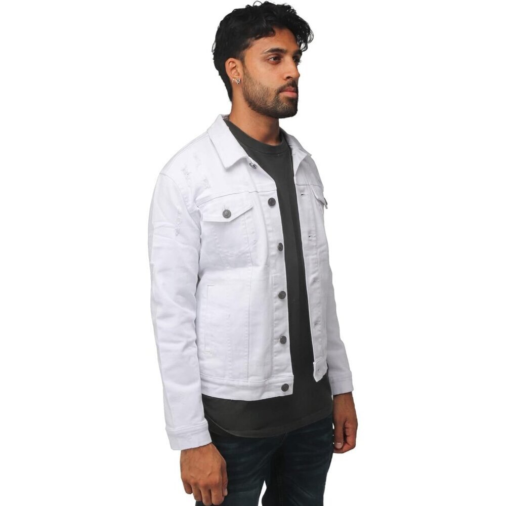 Mens White Denim Jacket Washed Ripped Distressed Stretch Casual Trucker - Picture 2 of 8
